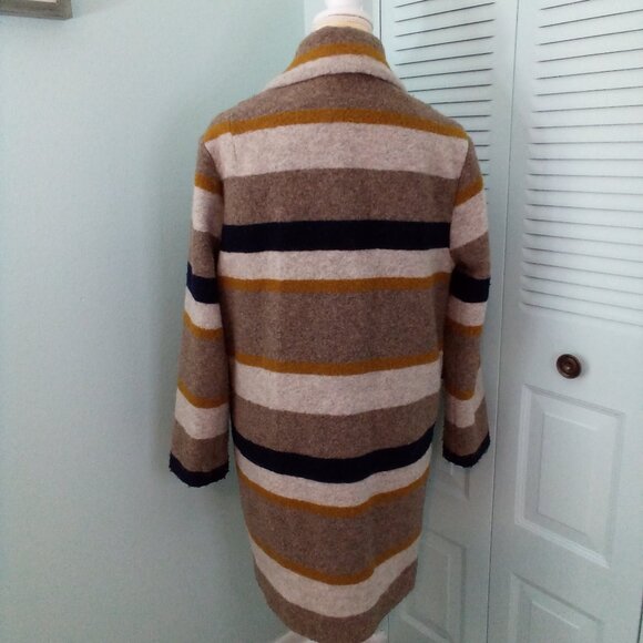 H&M 2 STRIPED WOOL BLEND PEA COAT LINED POCKETS KNEE LENGTH BUTTONS ORANGE CREAM - Picture 7 of 11